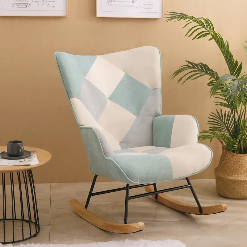 Patchwork Linen Fabric Rocking Chair with Solid Wood Legs Multi-color
