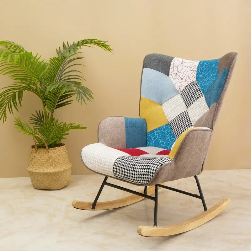 Patchwork Linen Fabric Rocking Chair with Solid Wood Legs Multi-color