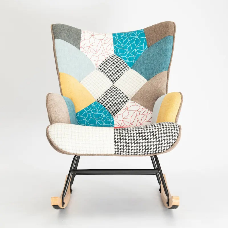 Patchwork Linen Fabric Rocking Chair with Solid Wood Legs Multi-color