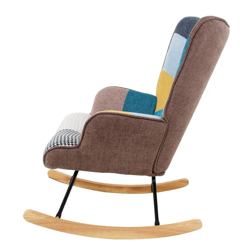 Patchwork Linen Fabric Rocking Chair with Solid Wood Legs Multi-color