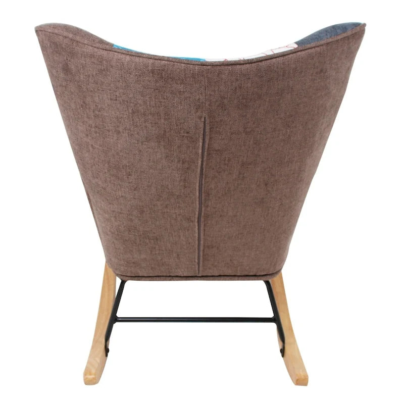 Patchwork Linen Fabric Rocking Chair with Solid Wood Legs Multi-color