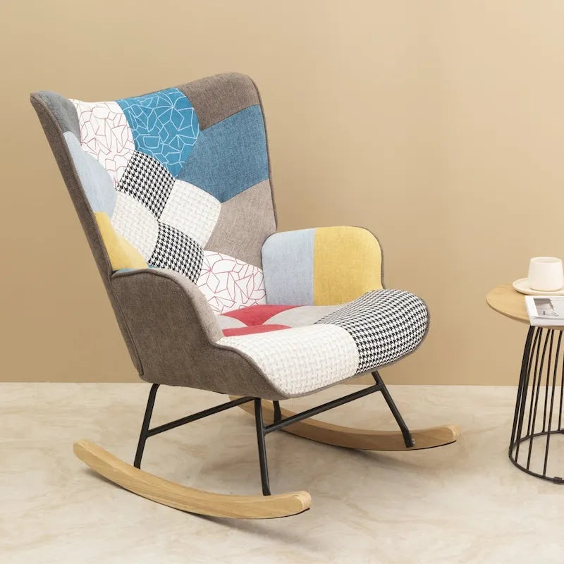 Patchwork Linen Fabric Rocking Chair with Solid Wood Legs Multi-color