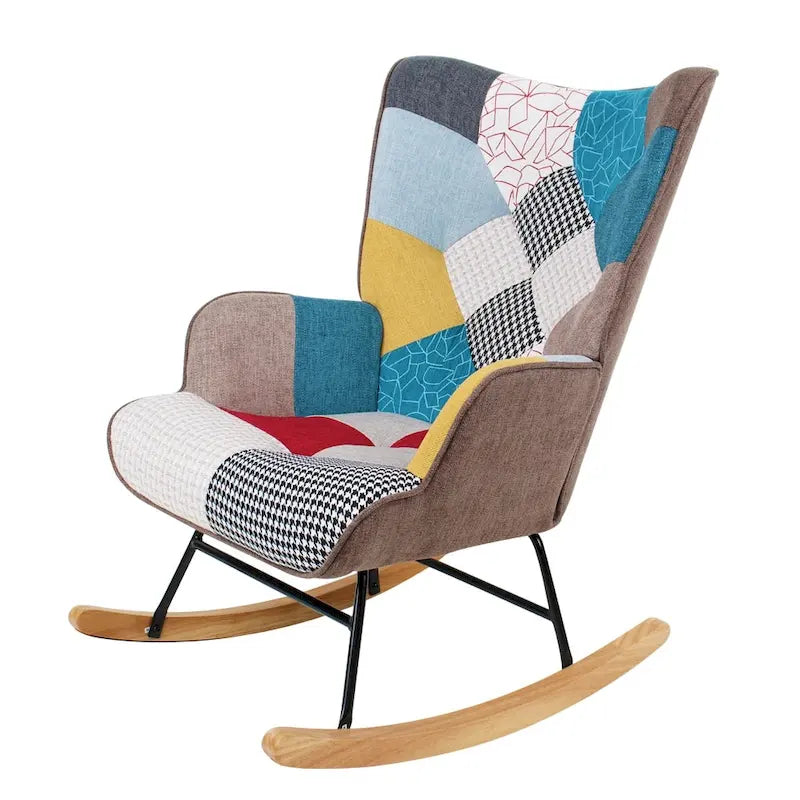Patchwork Linen Fabric Rocking Chair with Solid Wood Legs Multi-color