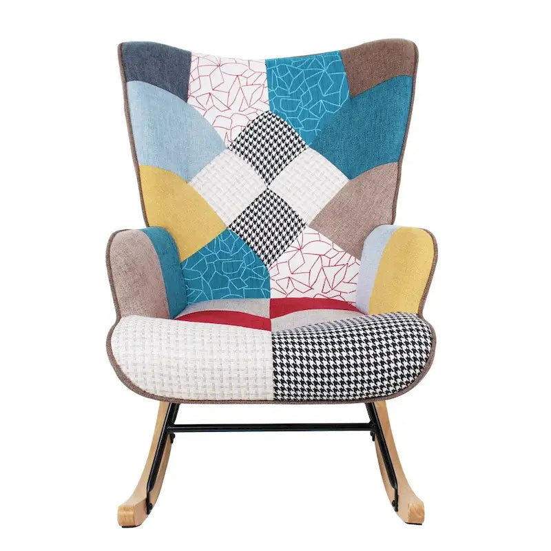 Patchwork Linen Fabric Rocking Chair with Solid Wood Legs Multi-color