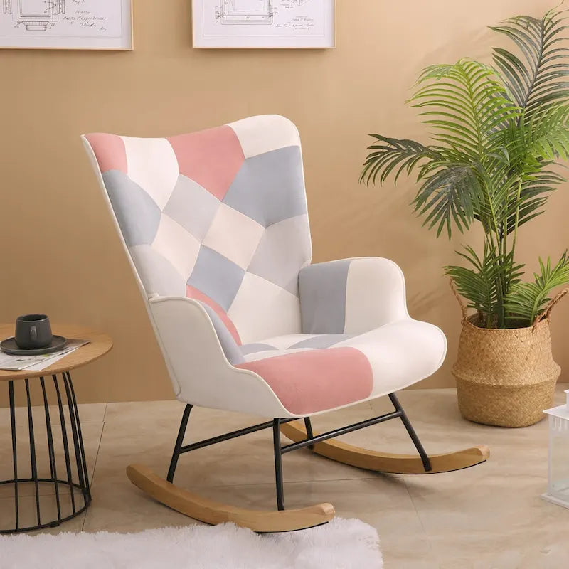 Patchwork Linen Fabric Rocking Chair with Solid Wood Legs Multi-color
