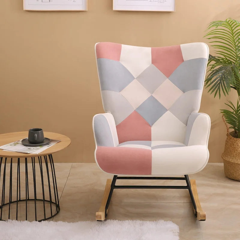 Patchwork Linen Fabric Rocking Chair with Solid Wood Legs Multi-color