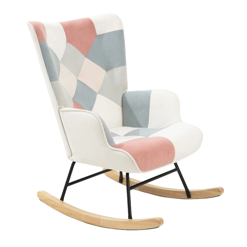 Patchwork Linen Fabric Rocking Chair with Solid Wood Legs Multi-color
