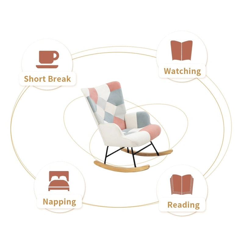 Patchwork Linen Fabric Rocking Chair with Solid Wood Legs Multi-color