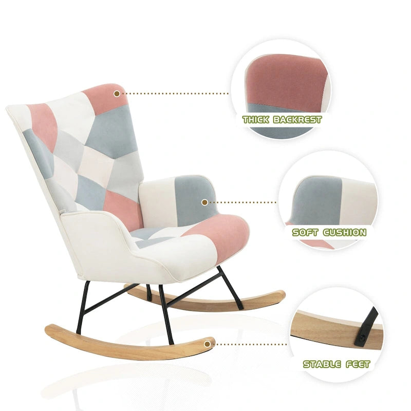Patchwork Linen Fabric Rocking Chair with Solid Wood Legs Multi-color