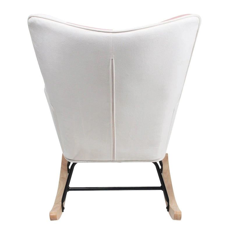 Patchwork Linen Fabric Rocking Chair with Solid Wood Legs Multi-color