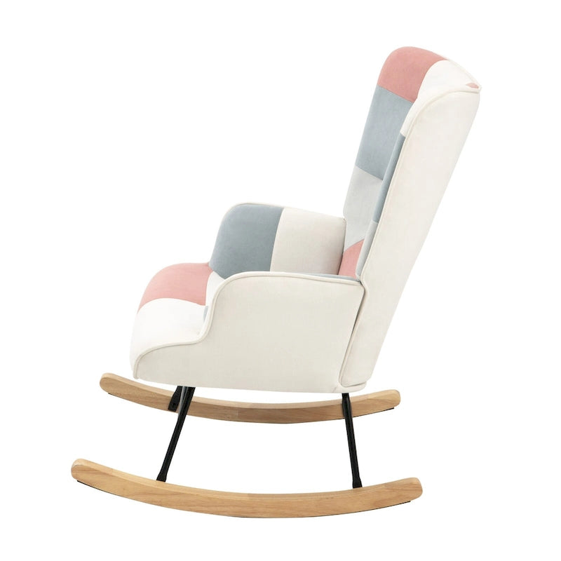Patchwork Linen Fabric Rocking Chair with Solid Wood Legs Multi-color