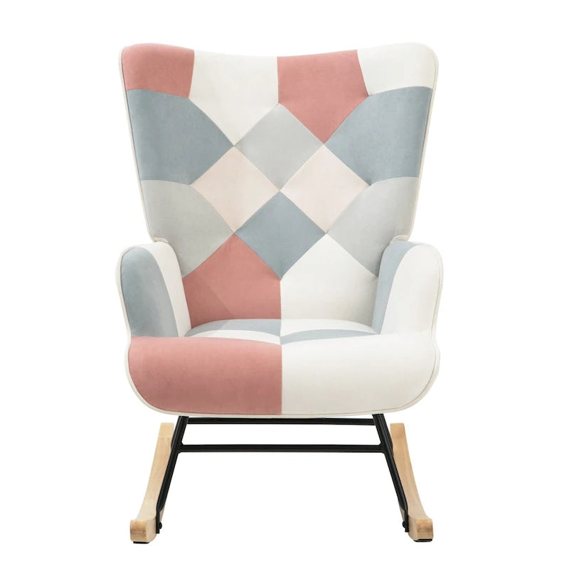 Patchwork Linen Fabric Rocking Chair with Solid Wood Legs Multi-color
