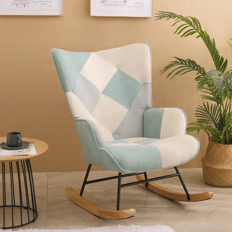 Patchwork Linen Fabric Rocking Chair with Solid Wood Legs Multi-color