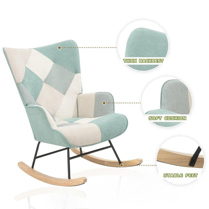 Patchwork Linen Fabric Rocking Chair with Solid Wood Legs Multi-color