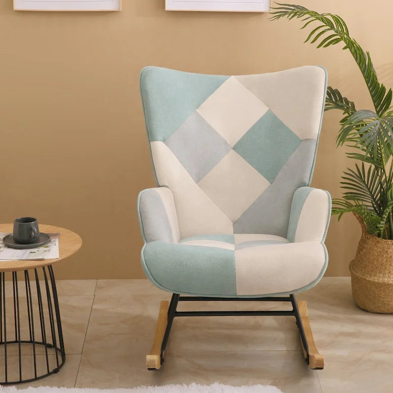 Patchwork Linen Fabric Rocking Chair with Solid Wood Legs Multi-color
