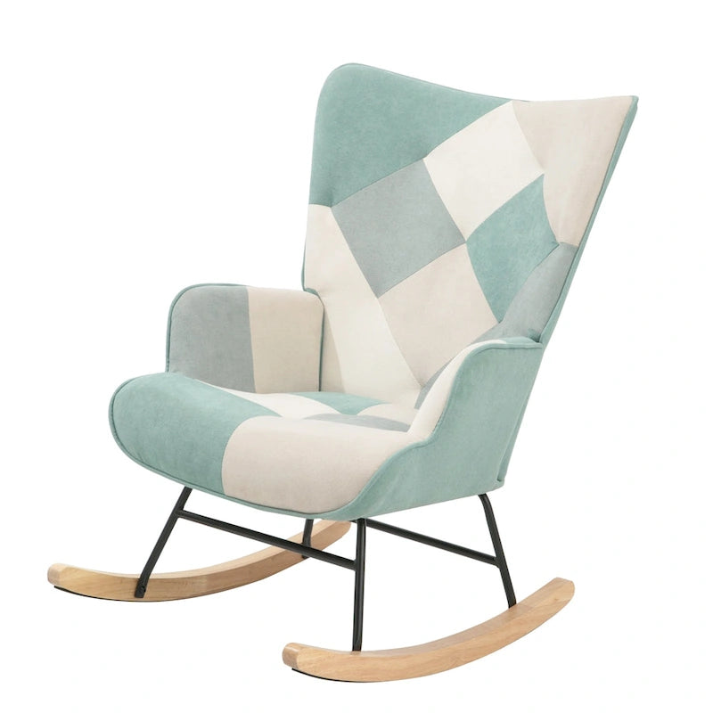 Patchwork Linen Fabric Rocking Chair with Solid Wood Legs Multi-color