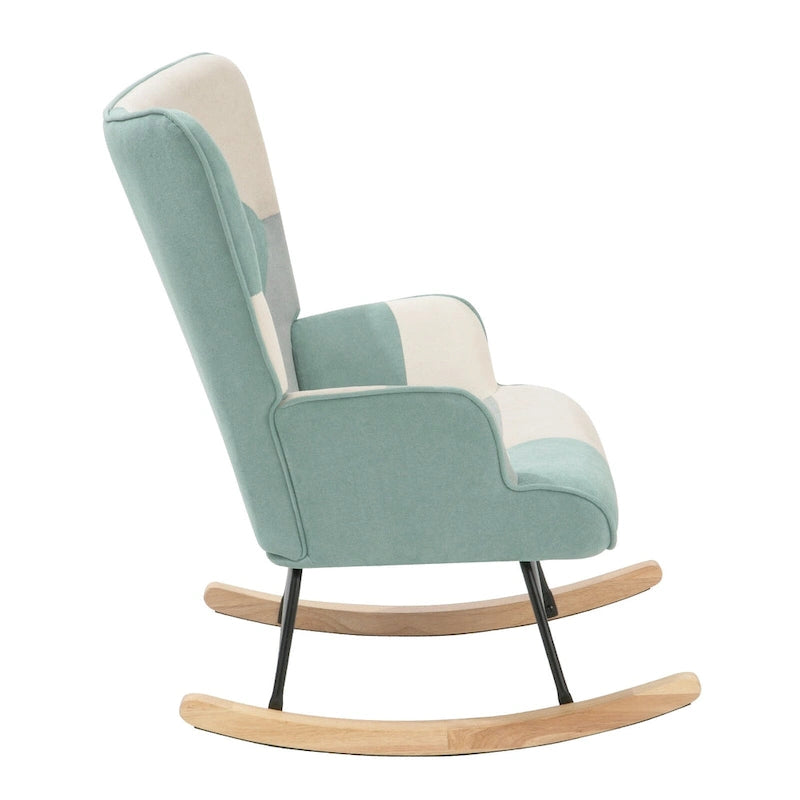Patchwork Linen Fabric Rocking Chair with Solid Wood Legs Multi-color