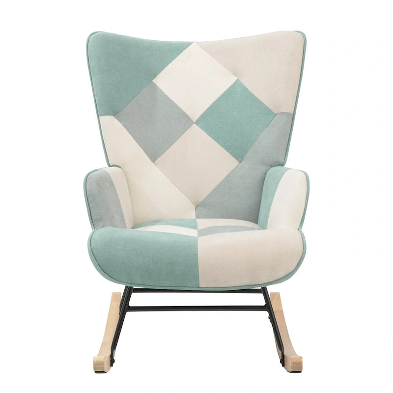 Patchwork Linen Fabric Rocking Chair with Solid Wood Legs Multi-color