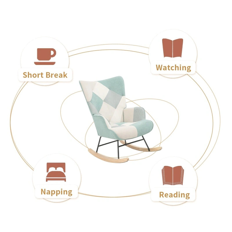 Patchwork Linen Fabric Rocking Chair with Solid Wood Legs Multi-color