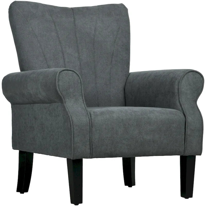 Dark Gray High Back Upholstered Accent Arm Chair with Rolled Arms and Wood Legs