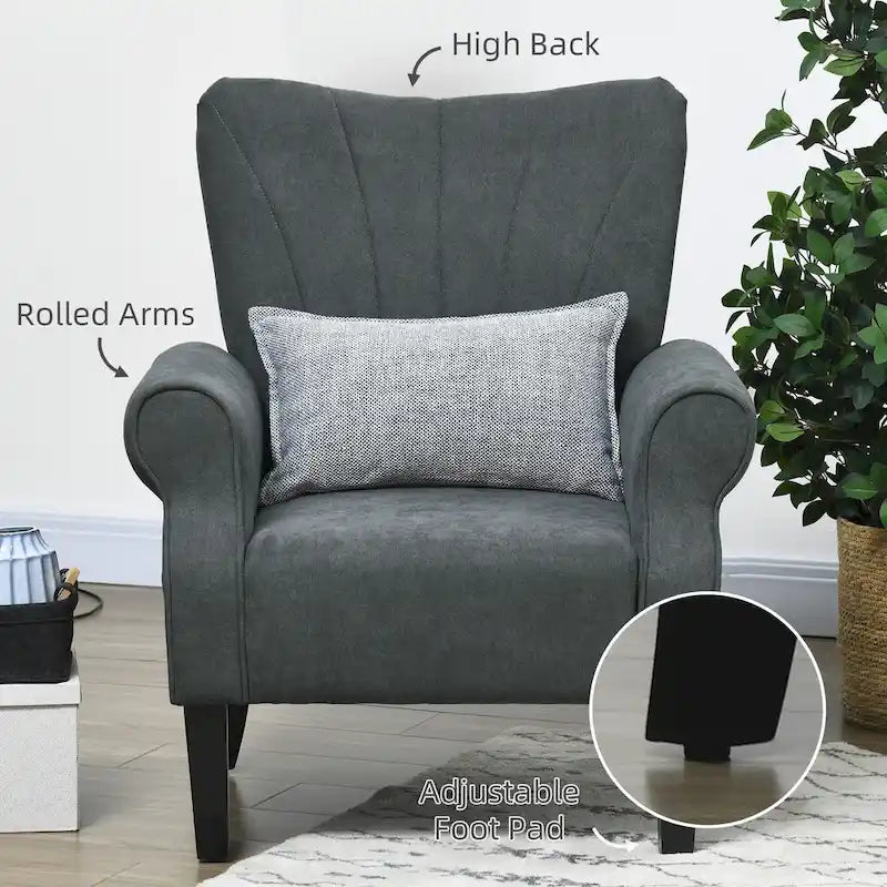 Dark Gray High Back Upholstered Accent Arm Chair with Rolled Arms and Wood Legs