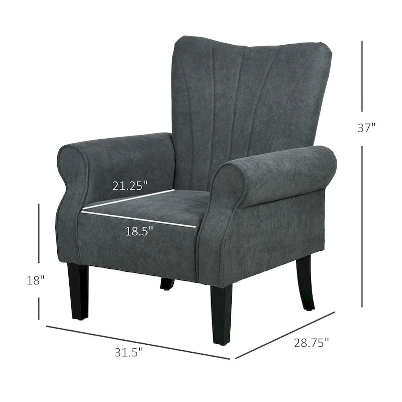 Dark Gray High Back Upholstered Accent Arm Chair with Rolled Arms and Wood Legs