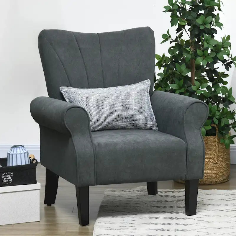 Dark Gray High Back Upholstered Accent Arm Chair with Rolled Arms and Wood Legs