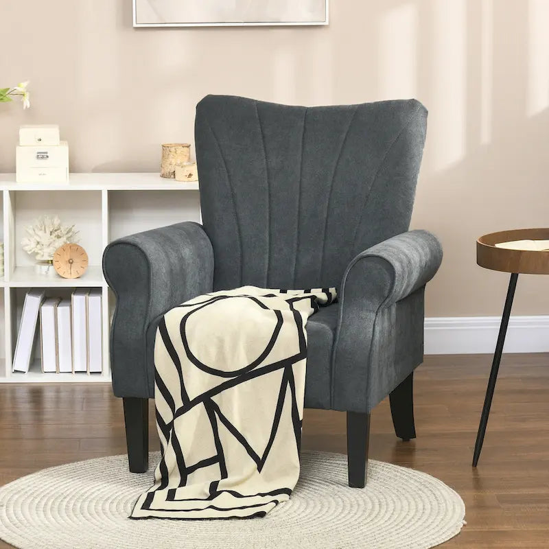 Dark Gray High Back Upholstered Accent Arm Chair with Rolled Arms and Wood Legs