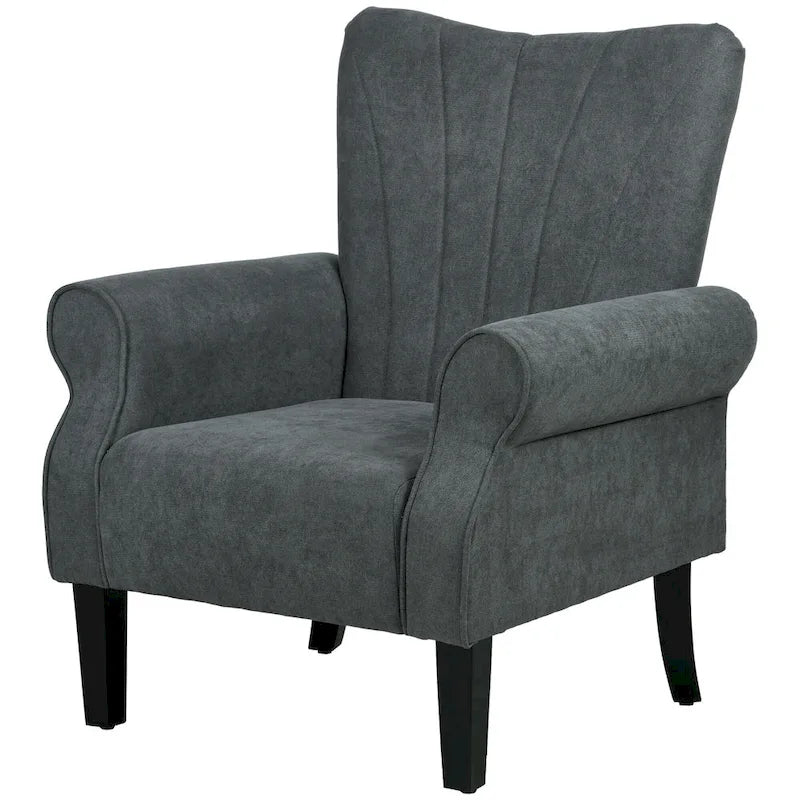 Dark Gray High Back Upholstered Accent Arm Chair with Rolled Arms and Wood Legs