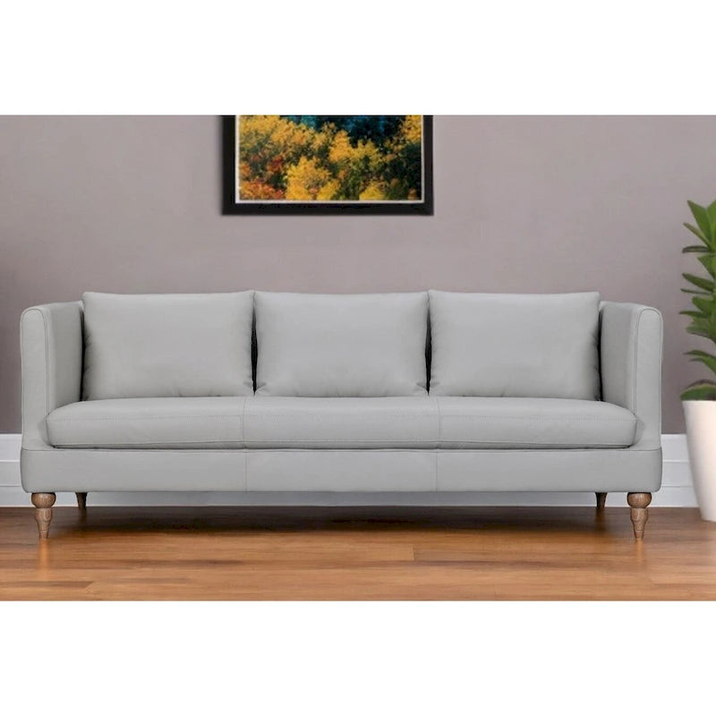 Gray Leather 3-Seat Sofa with Brown Turned Legs and Cushion Back
