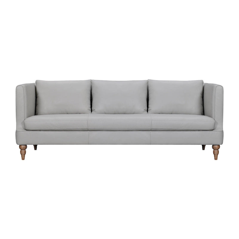 Gray Leather 3-Seat Sofa with Brown Turned Legs and Cushion Back