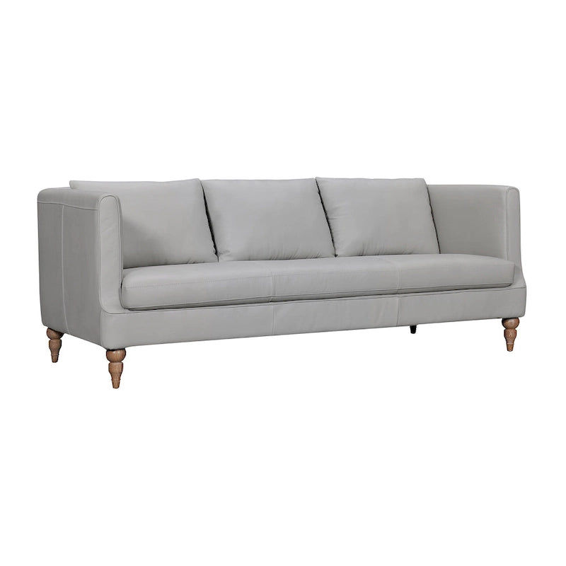 Gray Leather 3-Seat Sofa with Brown Turned Legs and Cushion Back