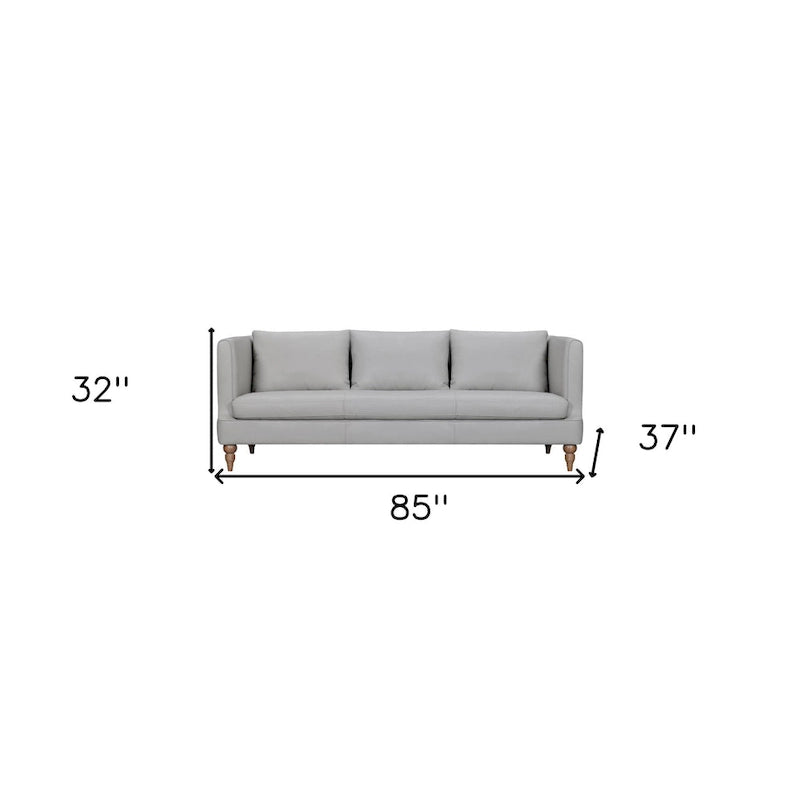 Gray Leather 3-Seat Sofa with Brown Turned Legs and Cushion Back