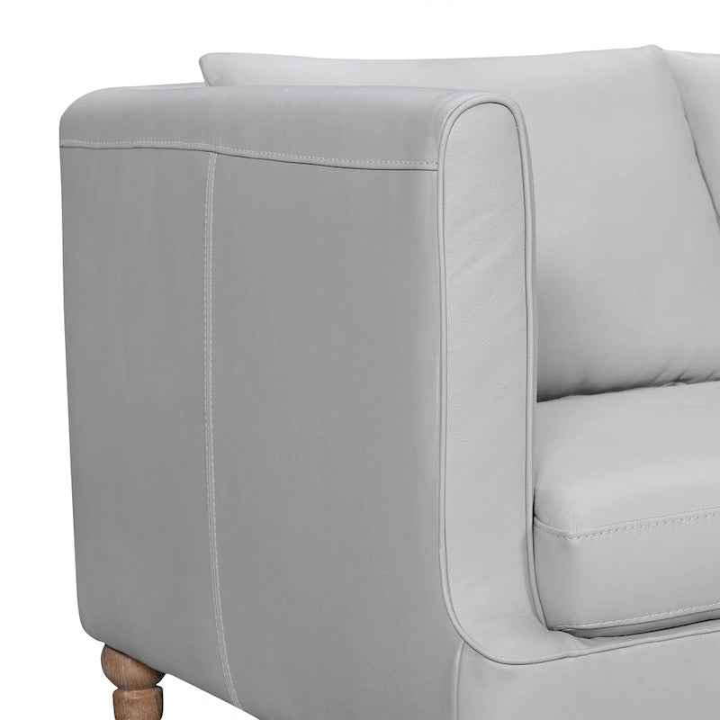 Gray Leather 3-Seat Sofa with Brown Turned Legs and Cushion Back