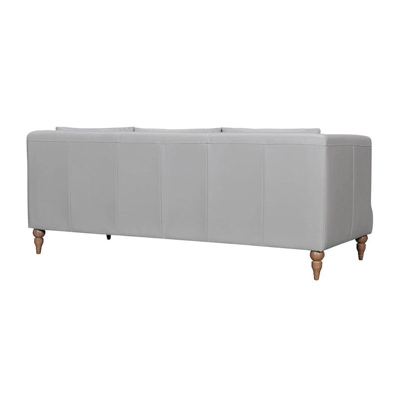 Gray Leather 3-Seat Sofa with Brown Turned Legs and Cushion Back