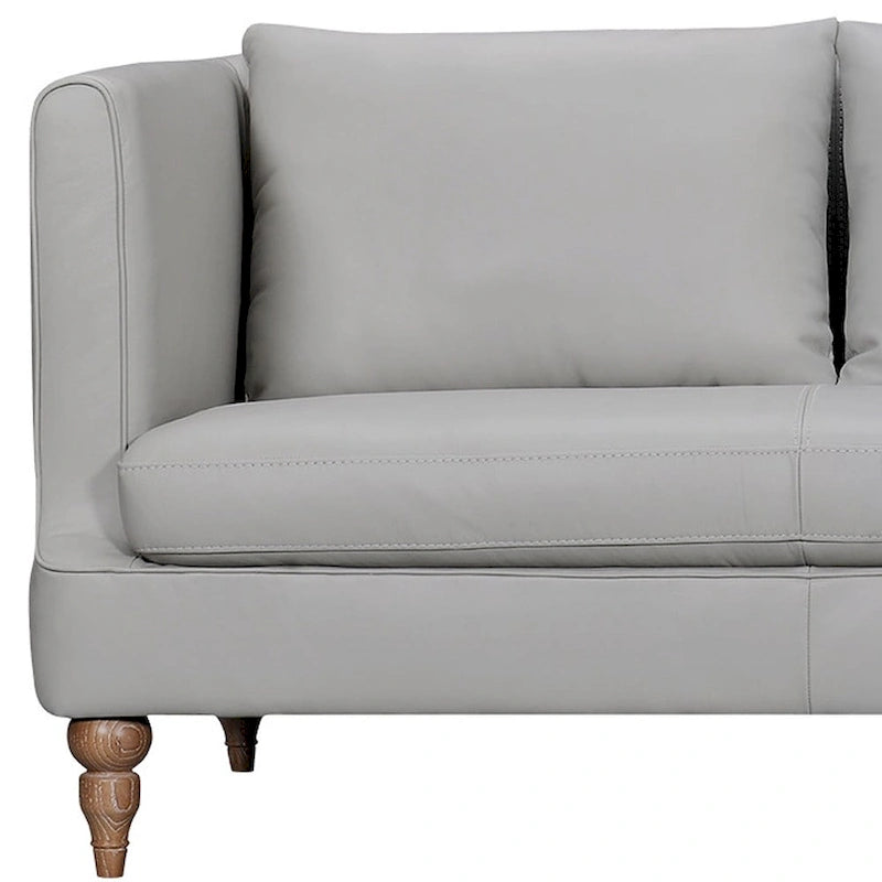 Gray Leather 3-Seat Sofa with Brown Turned Legs and Cushion Back