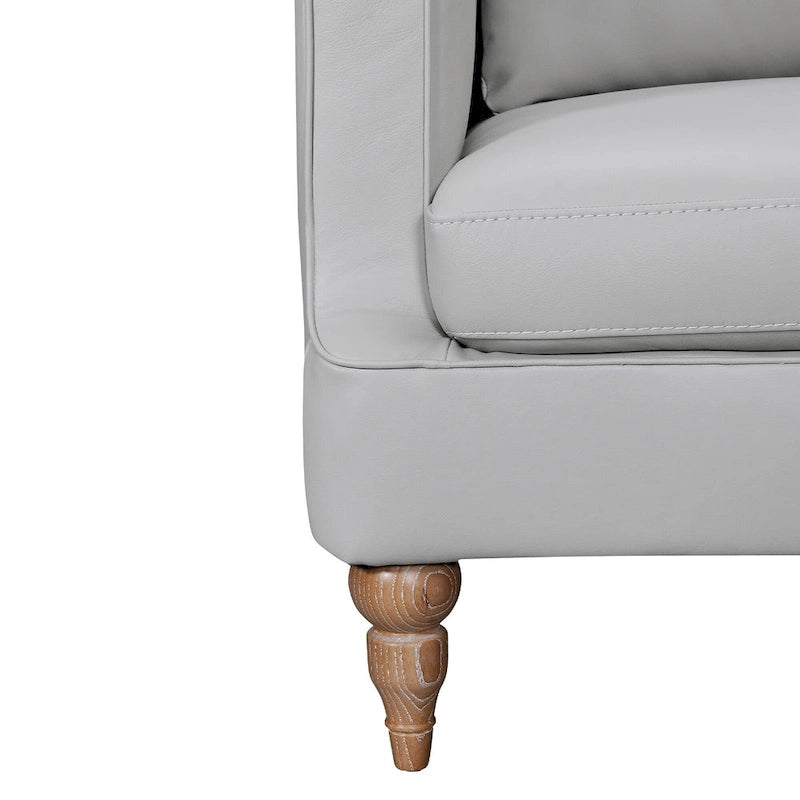 Gray Leather 3-Seat Sofa with Brown Turned Legs and Cushion Back
