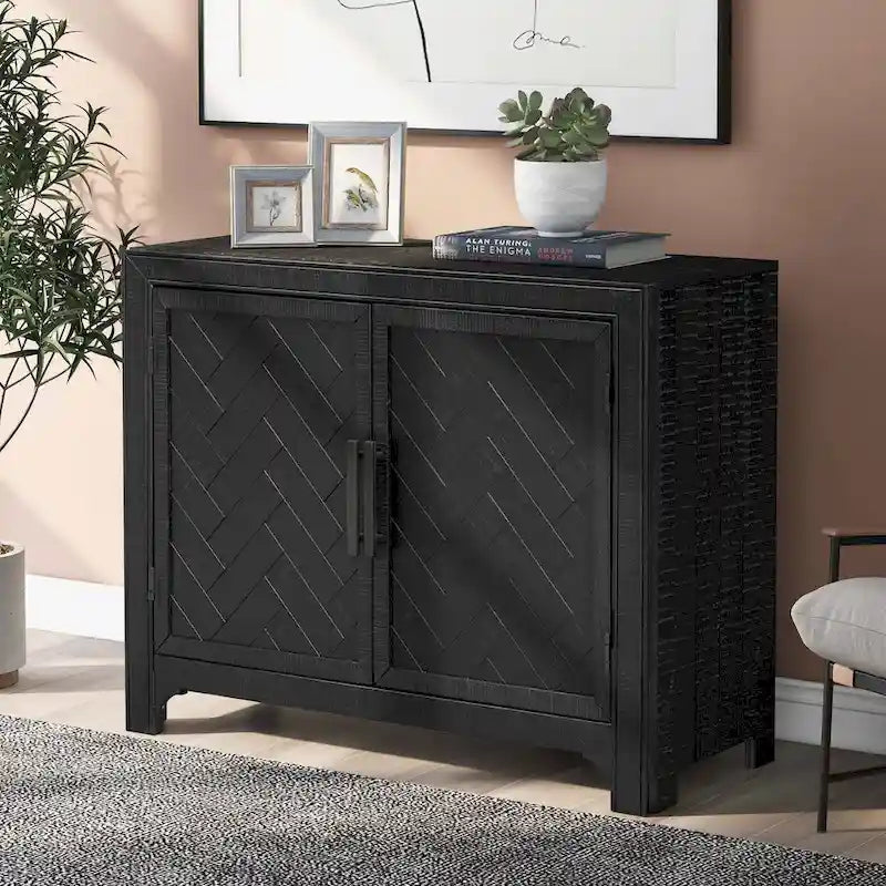 Black Double Door Accent Storage Cabinet with Herringbone Pattern
