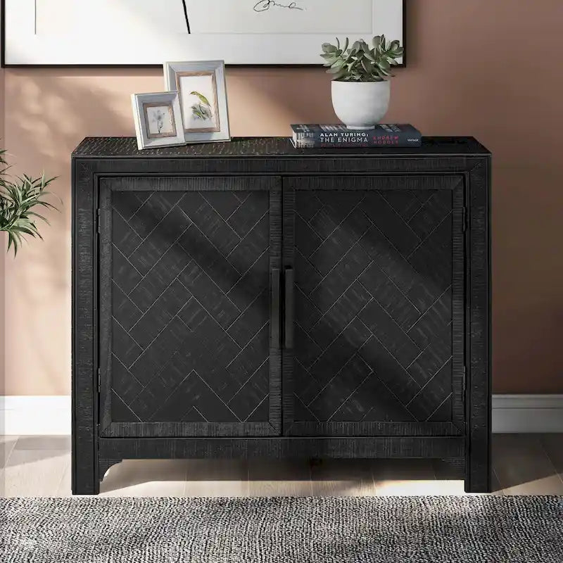 Black Double Door Accent Storage Cabinet with Herringbone Pattern