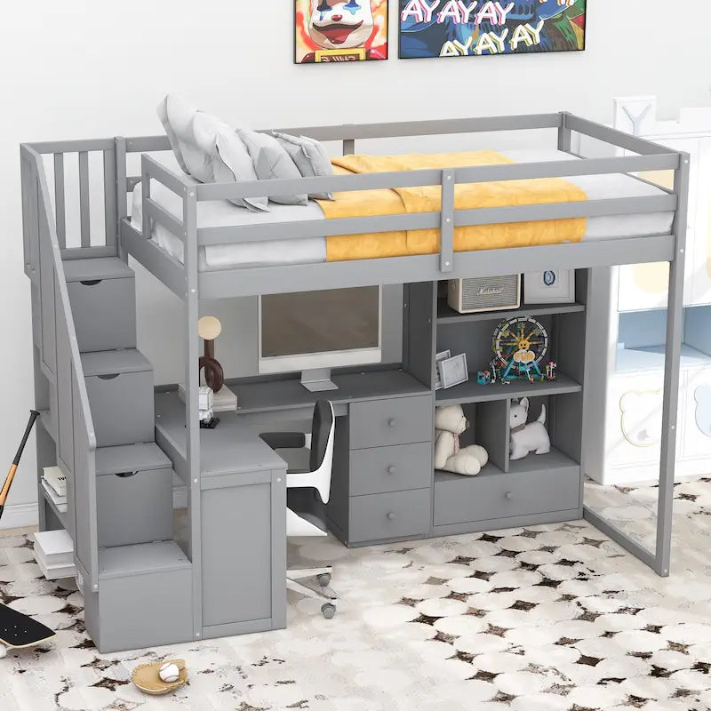Twin Loft Bed with L-Shaped Desk Drawers Cabinet Storage Staircase Gray White