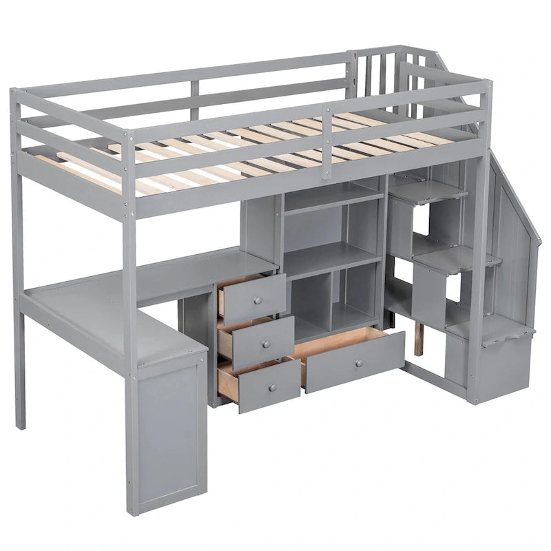 Twin Loft Bed with L-Shaped Desk Drawers Cabinet Storage Staircase Gray White