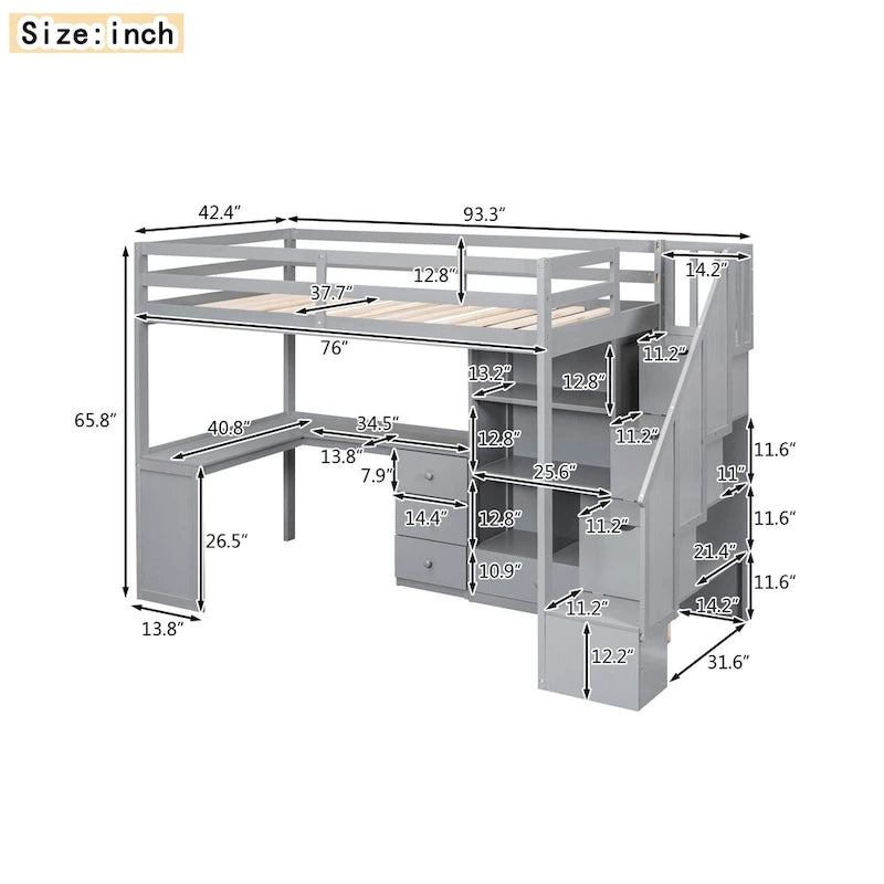Twin Loft Bed with L-Shaped Desk Drawers Cabinet Storage Staircase Gray White