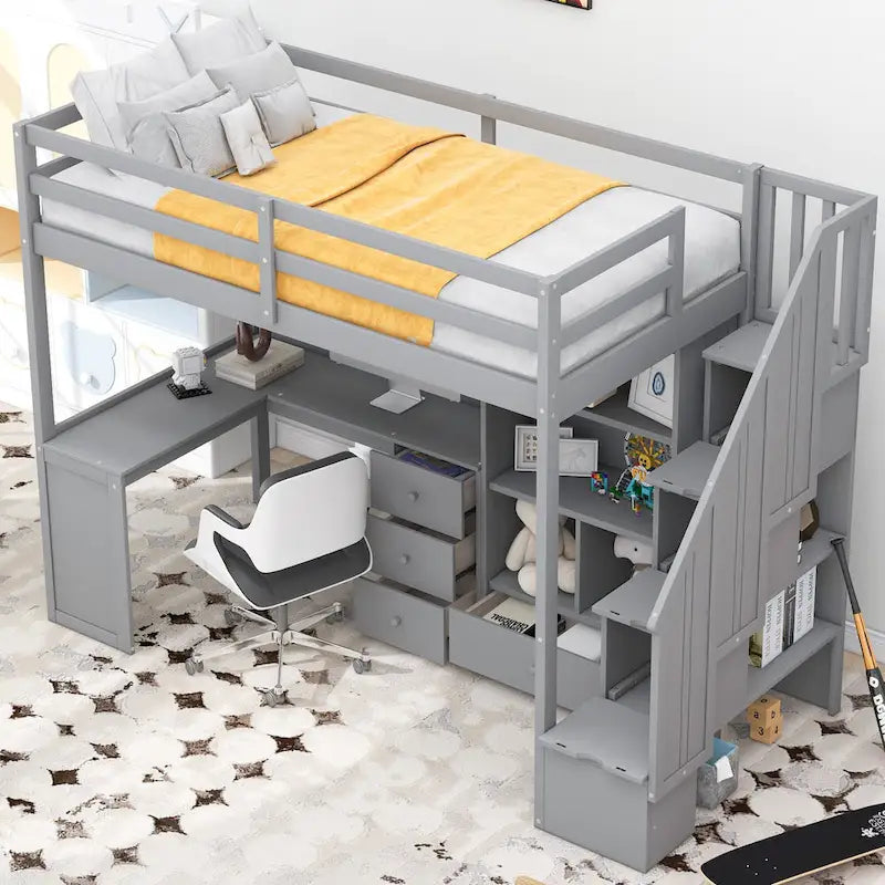 Twin Loft Bed with L-Shaped Desk Drawers Cabinet Storage Staircase Gray White