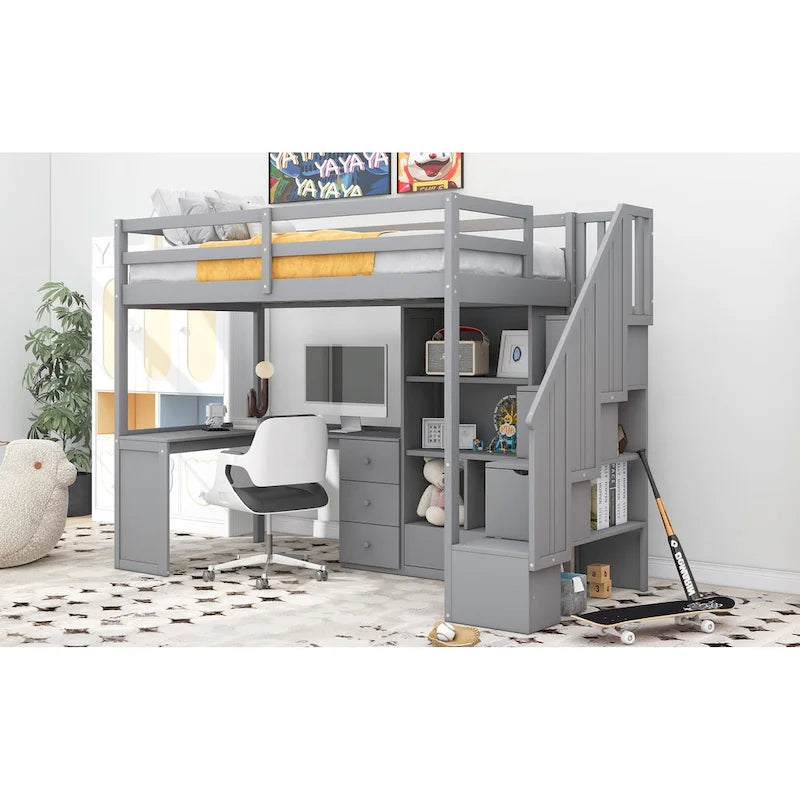 Twin Loft Bed with L-Shaped Desk Drawers Cabinet Storage Staircase Gray White