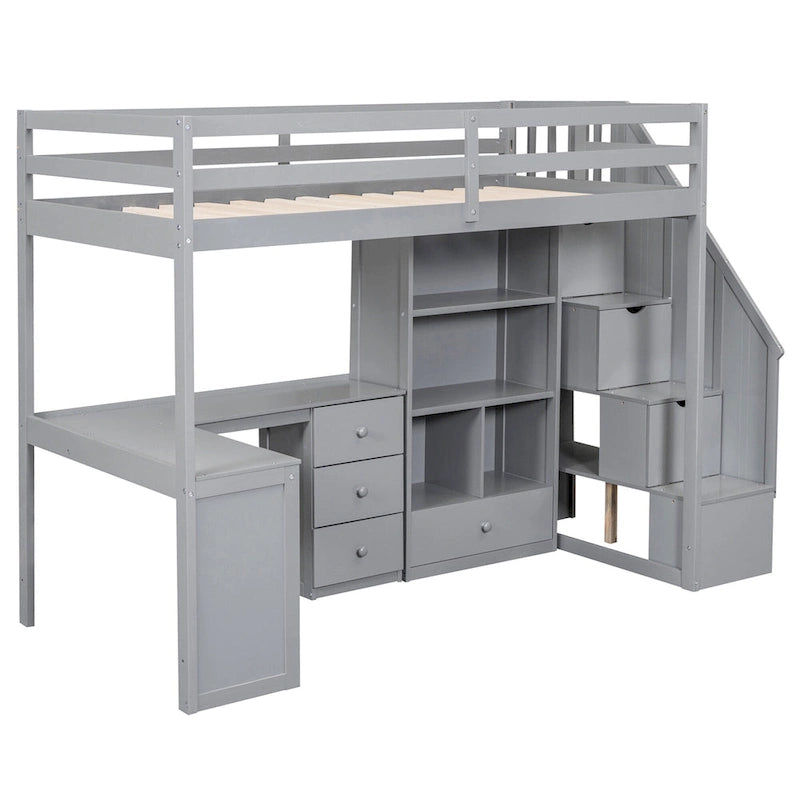 Twin Loft Bed with L-Shaped Desk Drawers Cabinet Storage Staircase Gray White