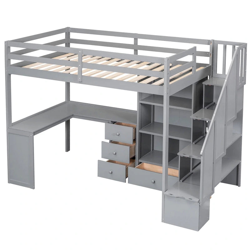 Twin Loft Bed with L-Shaped Desk Drawers Cabinet Storage Staircase Gray White