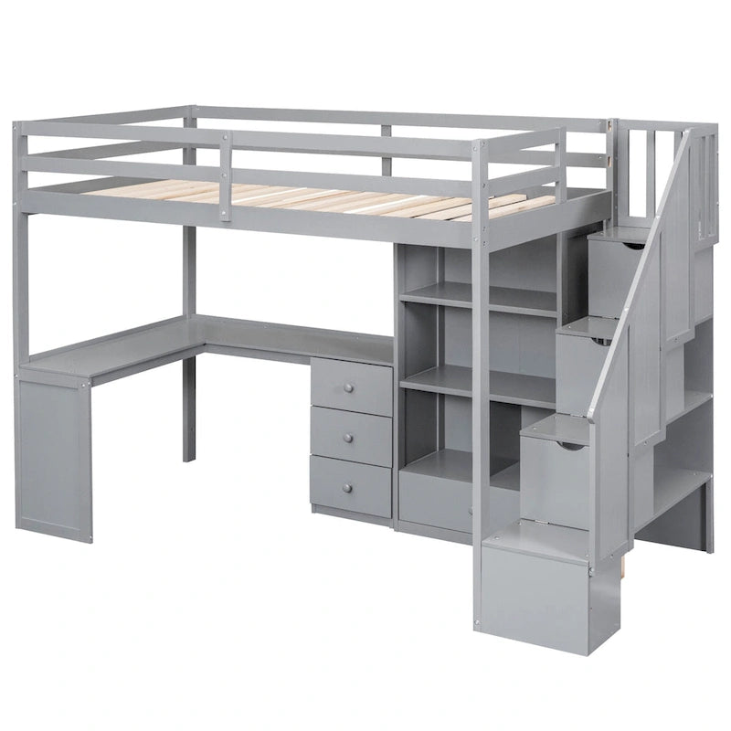 Twin Loft Bed with L-Shaped Desk Drawers Cabinet Storage Staircase Gray White