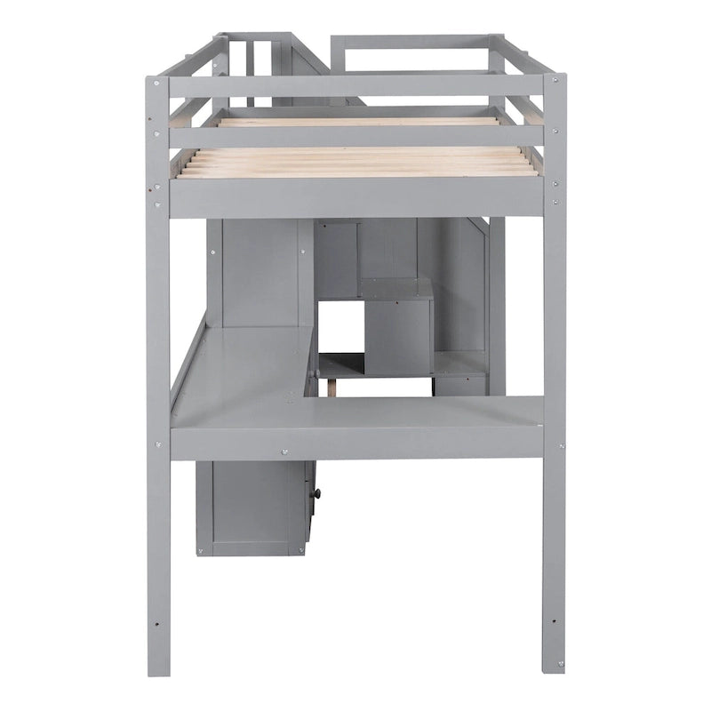 Twin Loft Bed with L-Shaped Desk Drawers Cabinet Storage Staircase Gray White