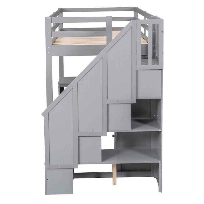 Twin Loft Bed with L-Shaped Desk Drawers Cabinet Storage Staircase Gray White