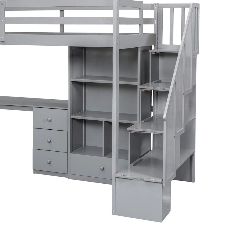 Twin Loft Bed with L-Shaped Desk Drawers Cabinet Storage Staircase Gray White